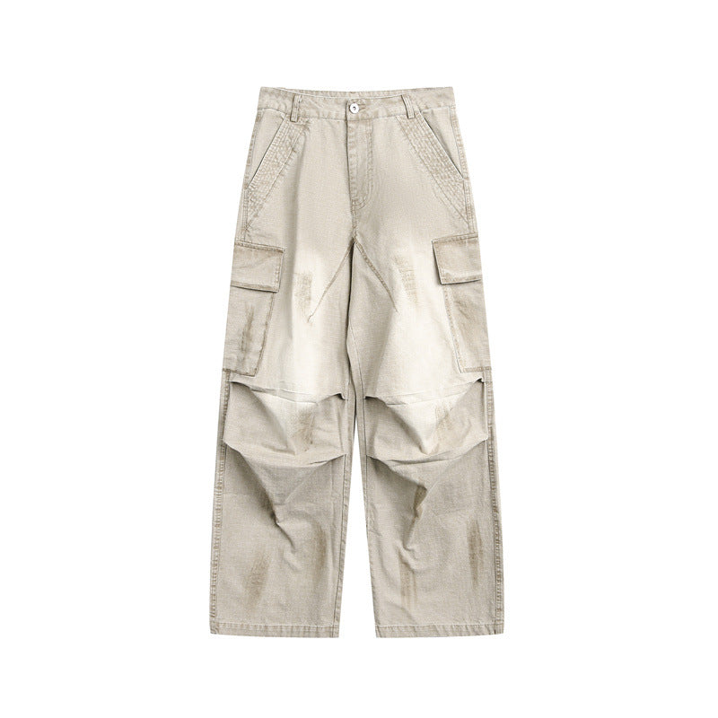 Unisex Weit geschnittene Cargo‑Canvashose mit multifunktionalen Pattentaschen und Used‑Finish Drune