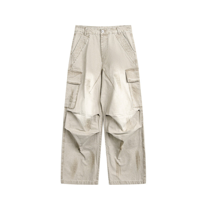 Unisex Weit geschnittene Cargo‑Canvashose mit multifunktionalen Pattentaschen und Used‑Finish Drune