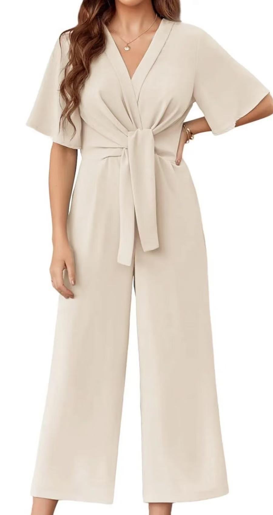 Damen eleganter Wickel-Jumpsuit mit weiten Beinen und Taillengürtel Drune