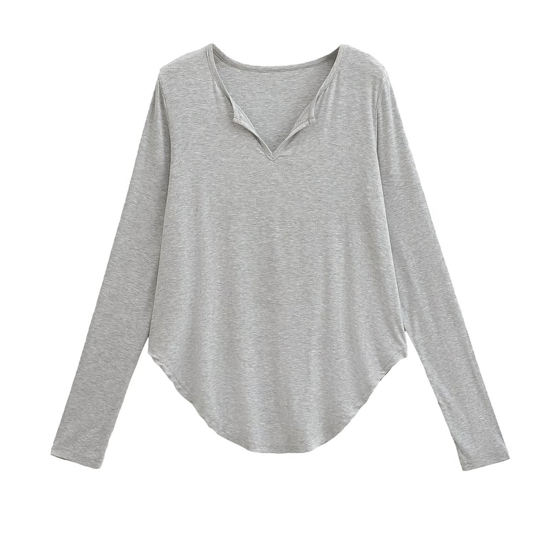 Damen lässiges Longsleeve-Oberteil mit V-Ausschnitt und geschwungenem Saum Drune