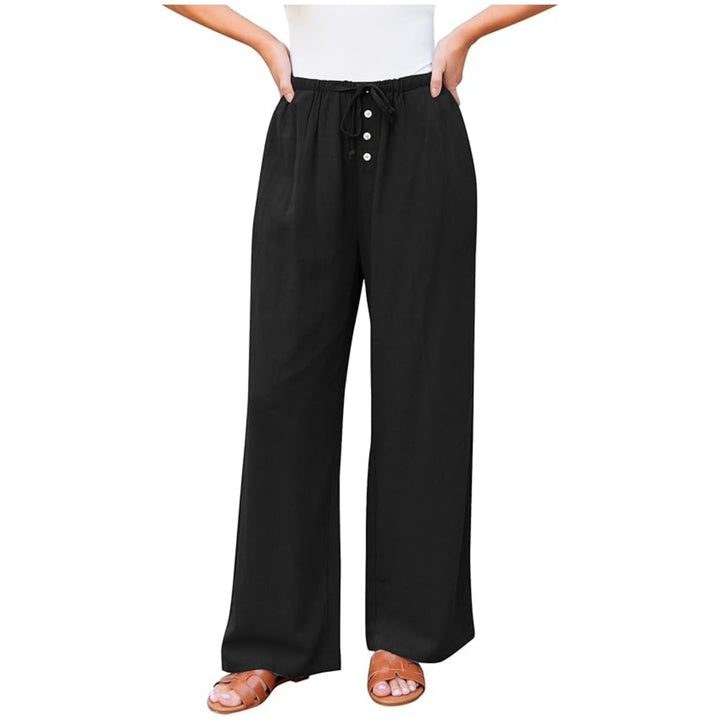 Damen weite Leinenhose mit elastischem Bund, Kordelzug und Knopfleiste Drune