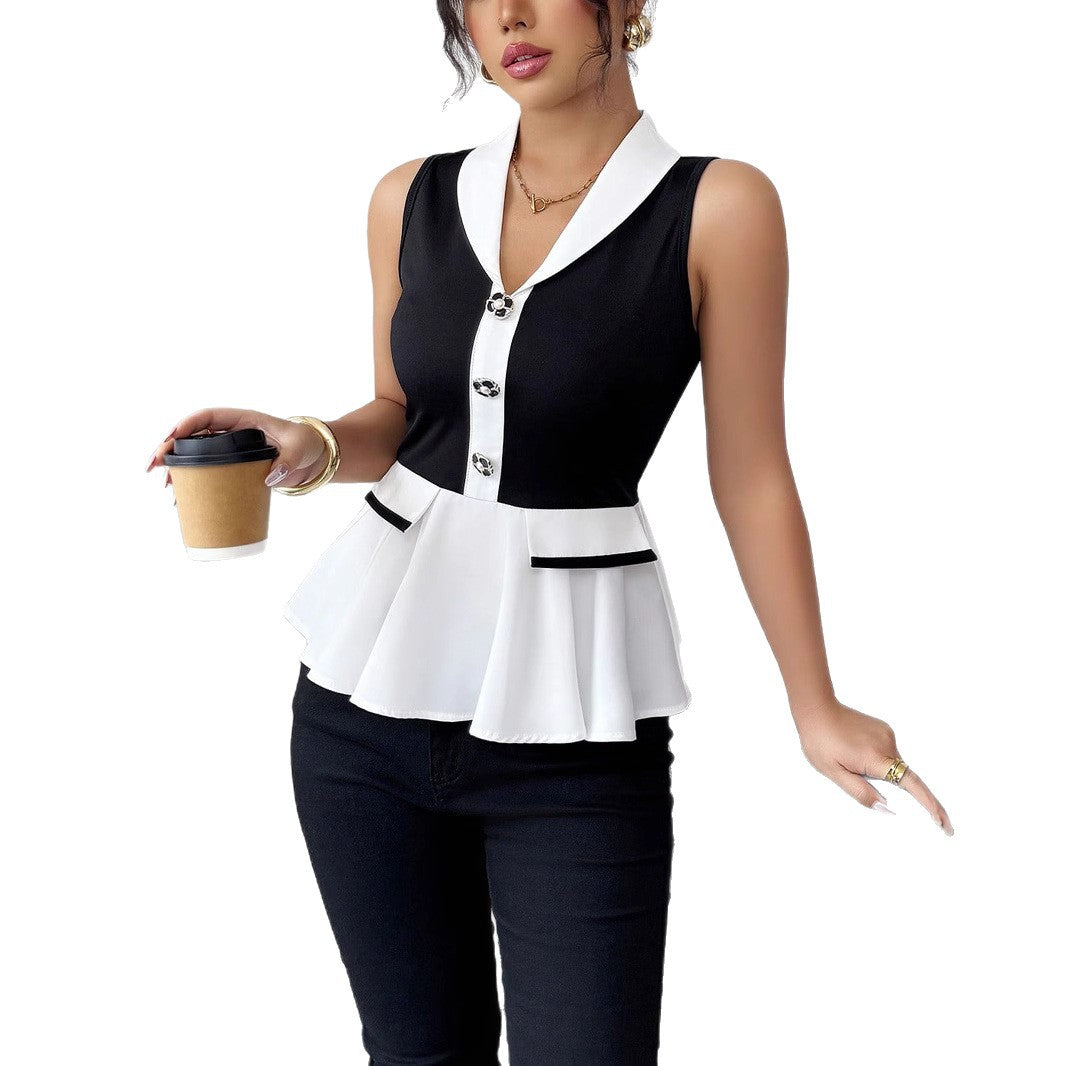 Damen Elegantes Peplum-Oberteil mit Kragen und Knopfdetaillierung Drune