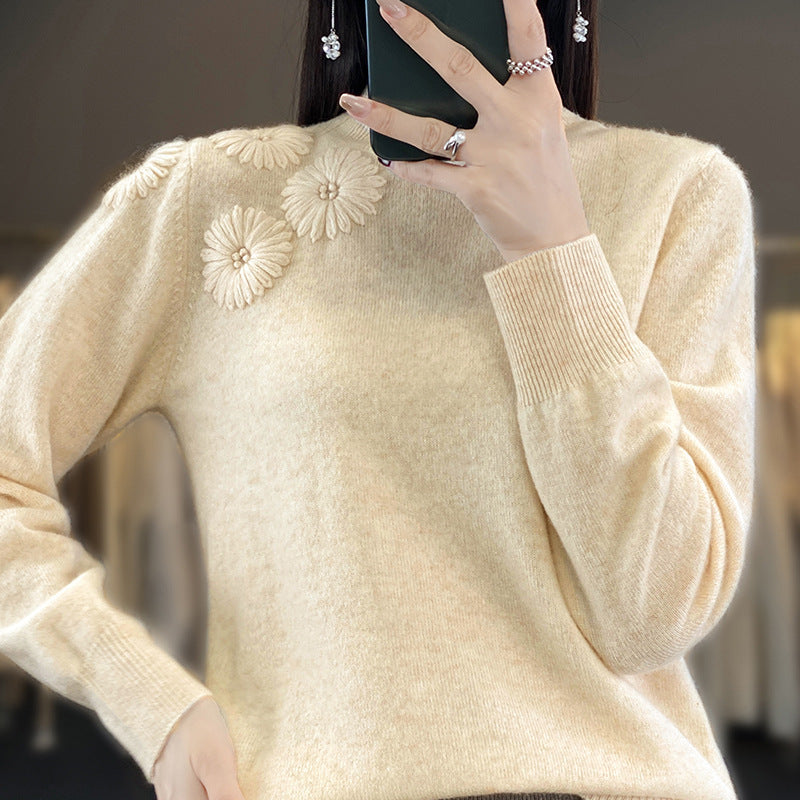 Damen Weicher Feinstrickpullover mit kurzem Stehkragen, 3D‑Blütenapplikation und gerippten Bündchen Drune