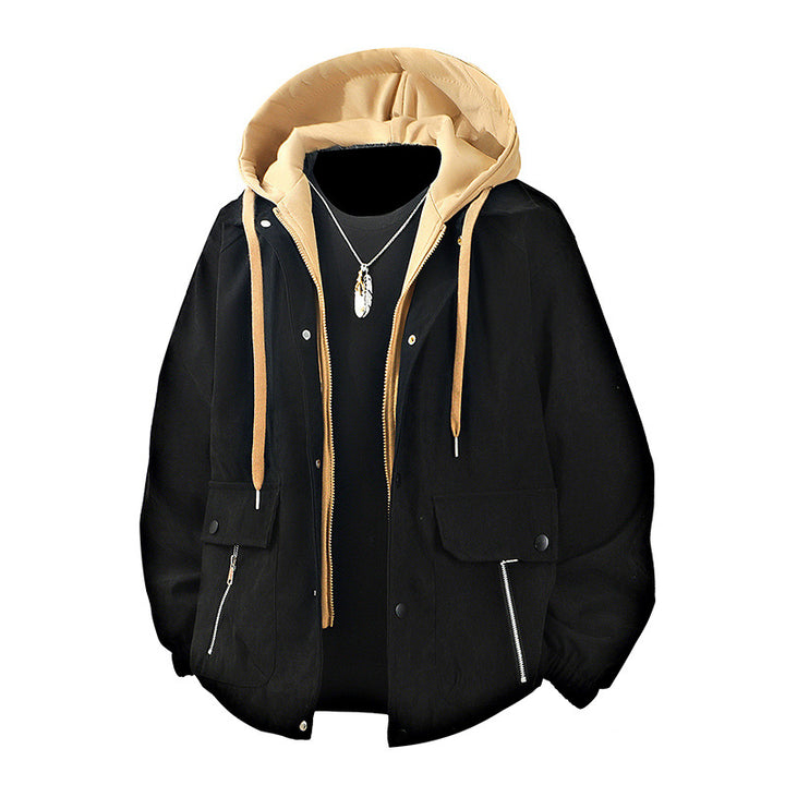 Herren  geschichtete Kapuzen Utility Parka Jacke mit kontrastierender Kapuze Innenfutter Klappe und Reißverschlusstaschen Drune