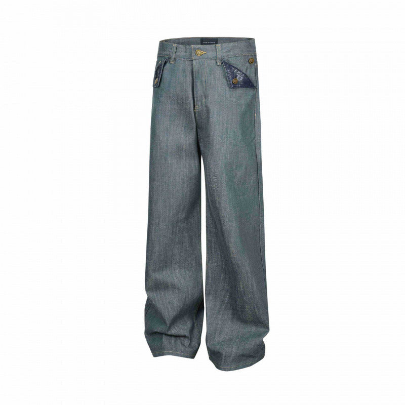 Damen Weite High‑Waist Jeanshose mit aufgesetzten Klappen‑Taschen und weitem Bein Drune