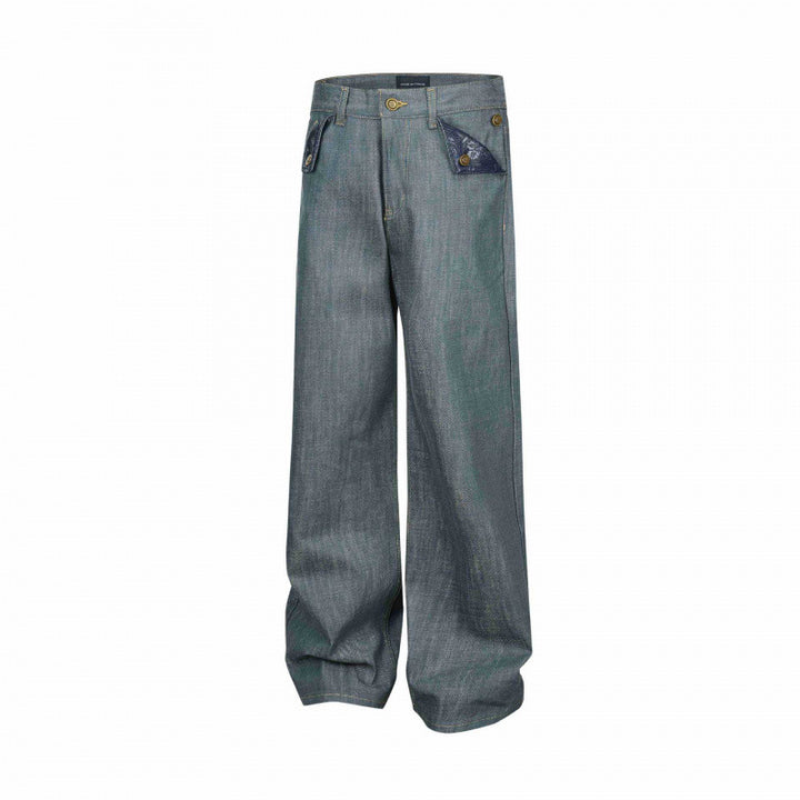 Damen Weite High‑Waist Jeanshose mit aufgesetzten Klappen‑Taschen und weitem Bein Drune