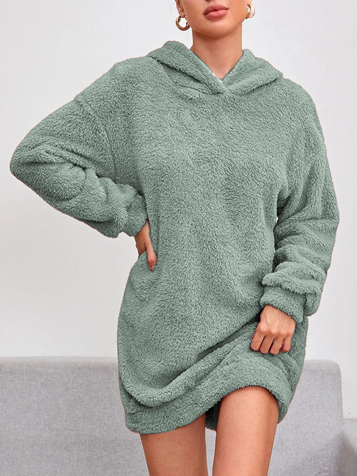Damen Flauschiger Hoodie-Kleid mit Kapuze und praktischen Taschen Drune
