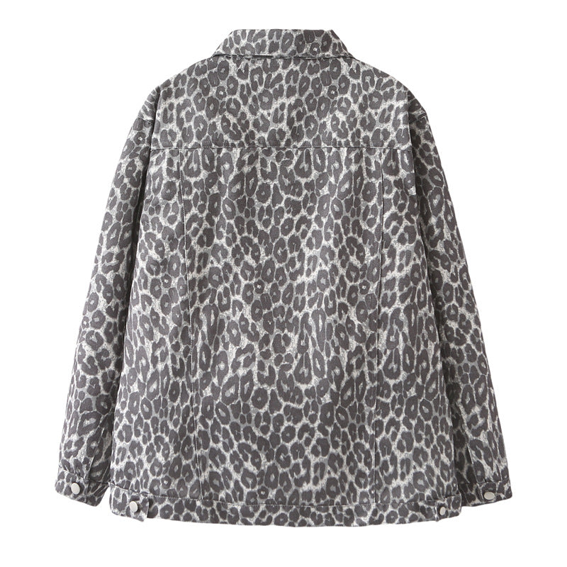 Damen nan weite Jeansjacke im Boxy‑Cut mit Leopardenmuster, Druckknopfleiste und aufgesetzten Brusttaschen Drune