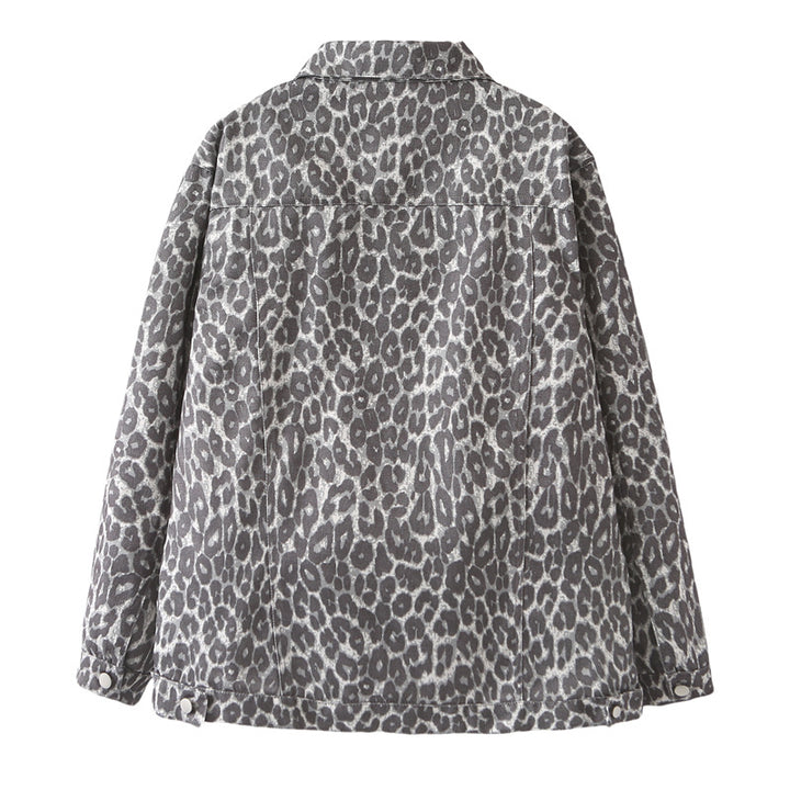 Damen nan weite Jeansjacke im Boxy‑Cut mit Leopardenmuster, Druckknopfleiste und aufgesetzten Brusttaschen Drune