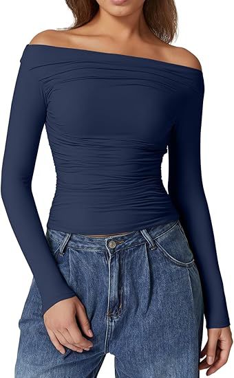 Damen Schulterfreies tailliertes Stretch-Longsleeve mit Raffung und figurbetonter Silhouette Drune