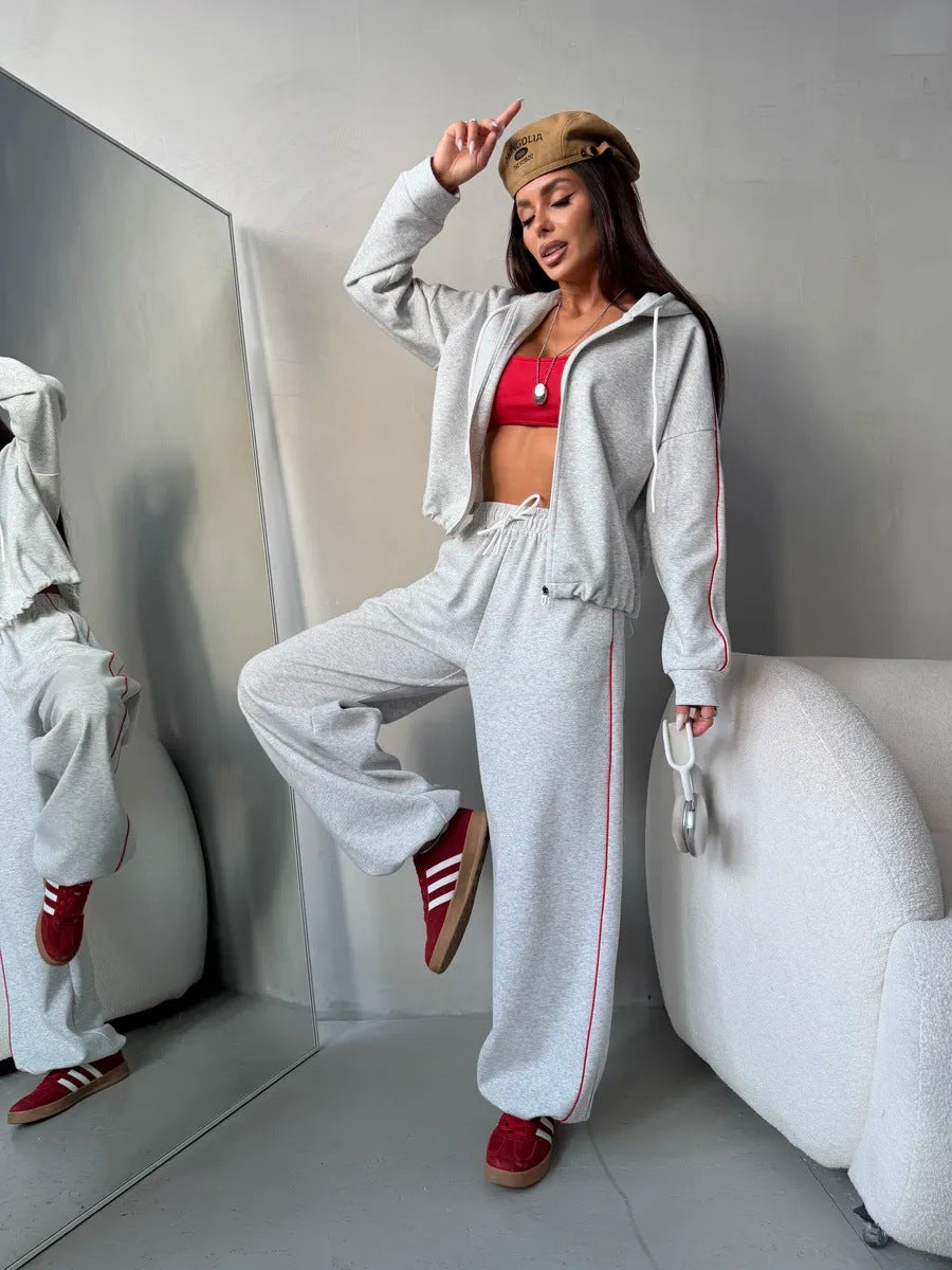 Damen lässiges Lounge-Set aus French-Terry mit Kurzzip-Hoodie und High-Waist Wide-Leg Jogginghose mit Kontrastpaspel Drune