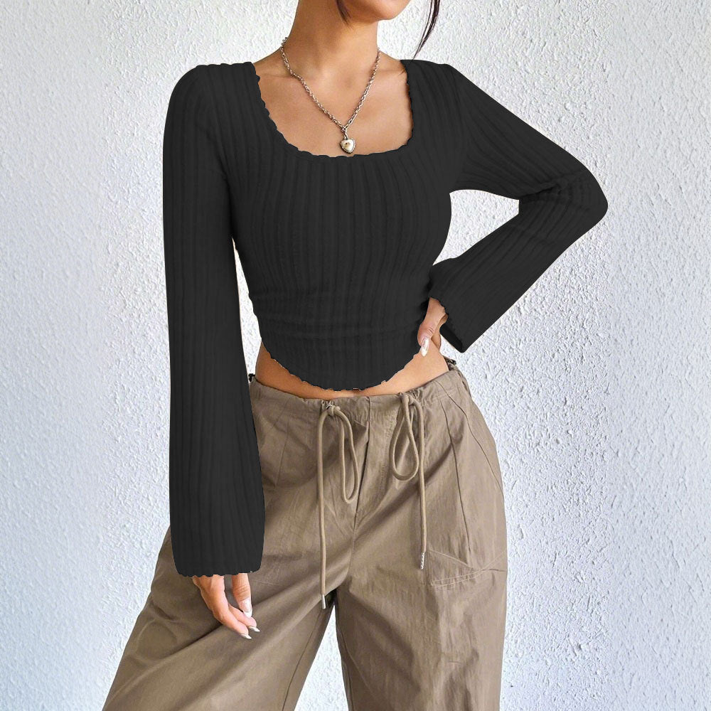 Damen geripptes Crop-Top mit quadratischem Ausschnitt, gewelltem Saum und ausgestellten Ärmeln Drune