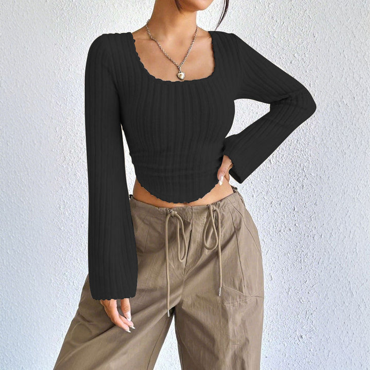 Damen geripptes Crop-Top mit quadratischem Ausschnitt, gewelltem Saum und ausgestellten Ärmeln Drune