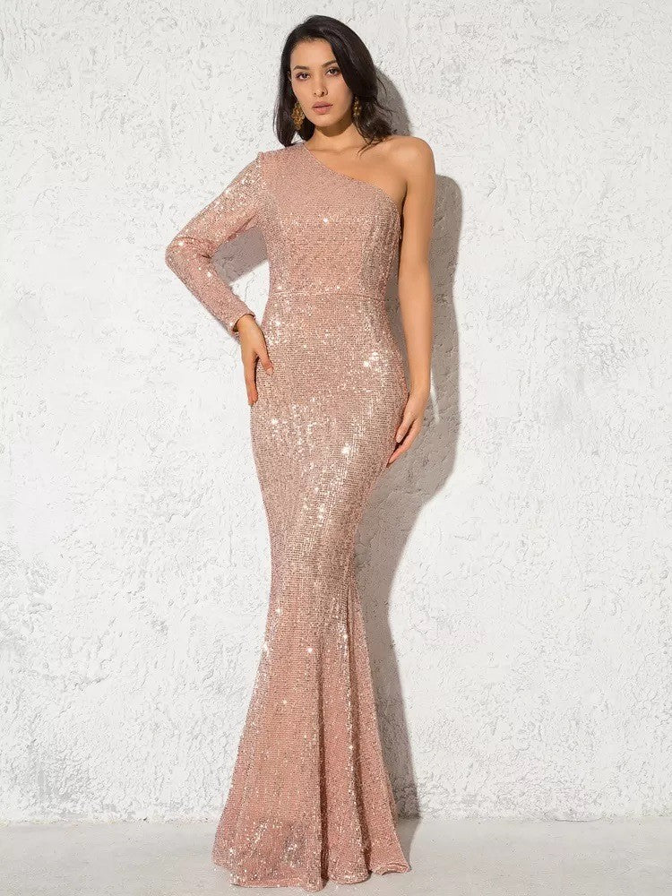 Damen Glitzerndes Elegantes Abendkleid mit schimmerndem Effekt und asymmetrischem Schnitt Drune
