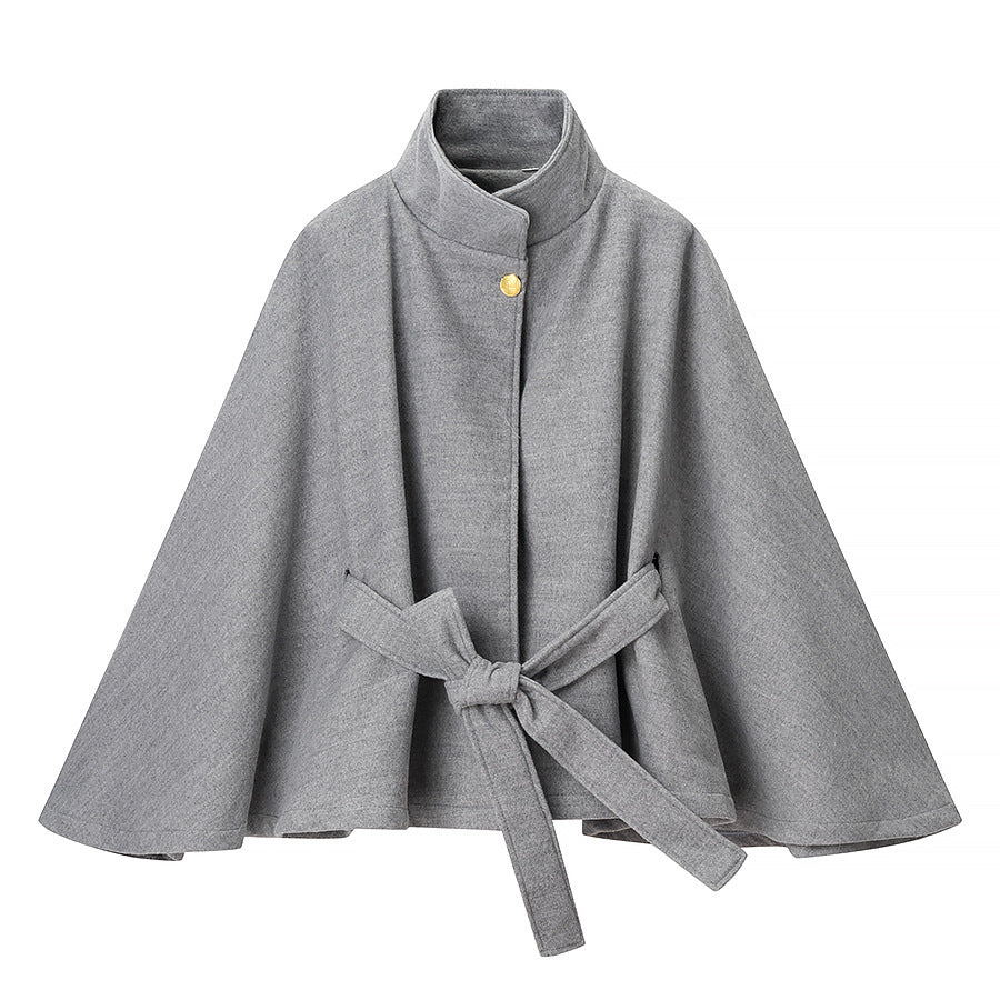 Damen Kurzcape-Mantel aus Wollmix mit Stehkragen, weitem Kimonoärmel und Bindegürtel Drune