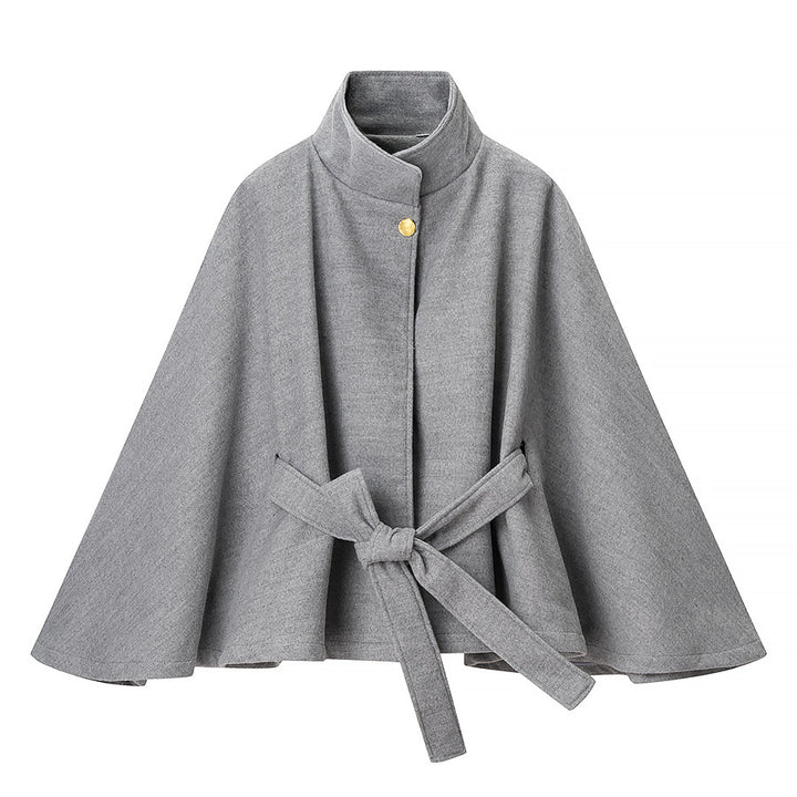 Damen Kurzcape-Mantel aus Wollmix mit Stehkragen, weitem Kimonoärmel und Bindegürtel Drune