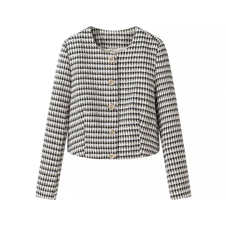 Damen nan kurzer Bouclé-Blazer im Cropped‑Stil mit Hahnentrittmuster, Rundhalsausschnitt und Zierknöpfen Drune