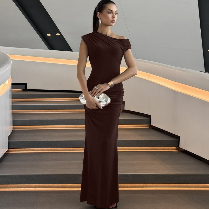 Damen Elegantes Wickel-Maxikleid mit asymmetrischer Schulterpartie Drune