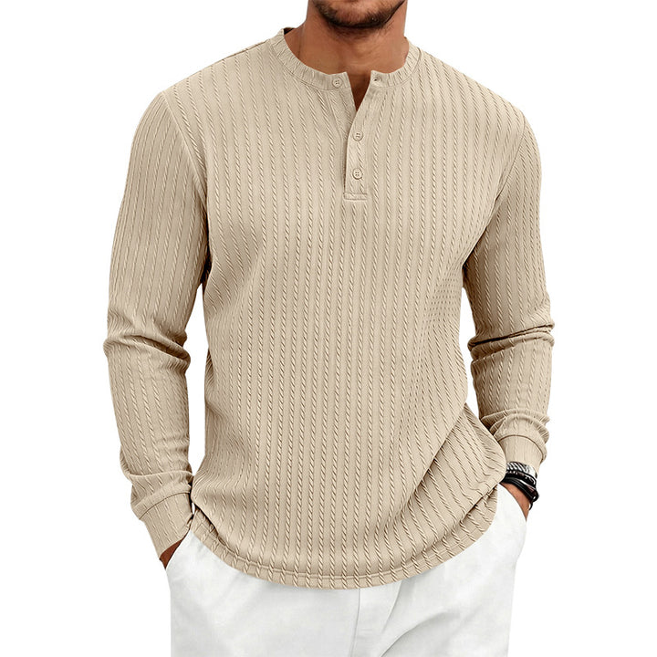 Herren Texturiertes Langarm-Henleyshirt mit Stehkragen und Zopfmuster Drune