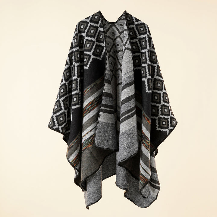 Damen Wollmix-Cape mit reversibler Double-Face-Webung und geometrischem Blockmuster Drune