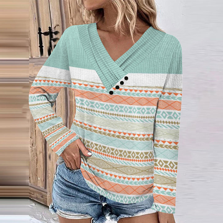 Damen Gerippter V-Ausschnitt Pullover mit Farbverlauf, Zierknöpfen und legerer Passform Drune