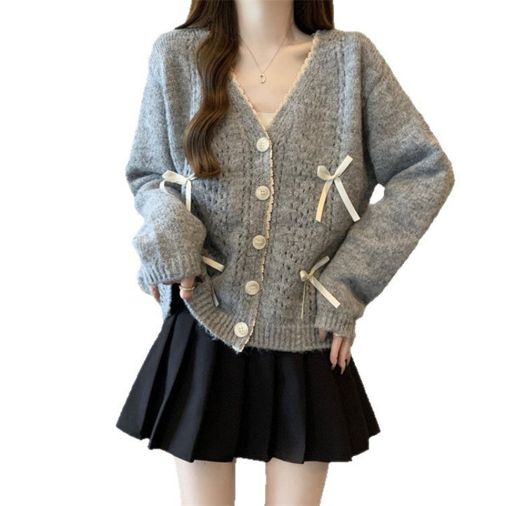Damen gemütlicher Strickcardigan mit Schleifen Drune