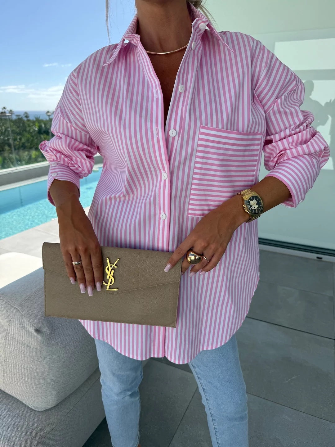 Damen Streifenbluse im lässigen Oversized-Stil mit Brusttasche Drune