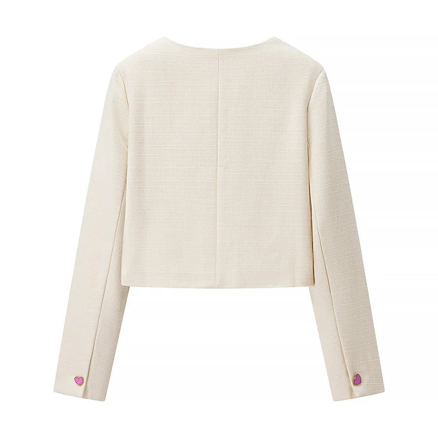 Damen nan cropped Bouclé-Jacke mit gewellter Knopfleiste und Herzapplikationen Drune