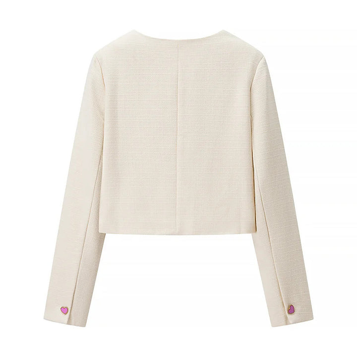 Damen nan cropped Bouclé-Jacke mit gewellter Knopfleiste und Herzapplikationen Drune