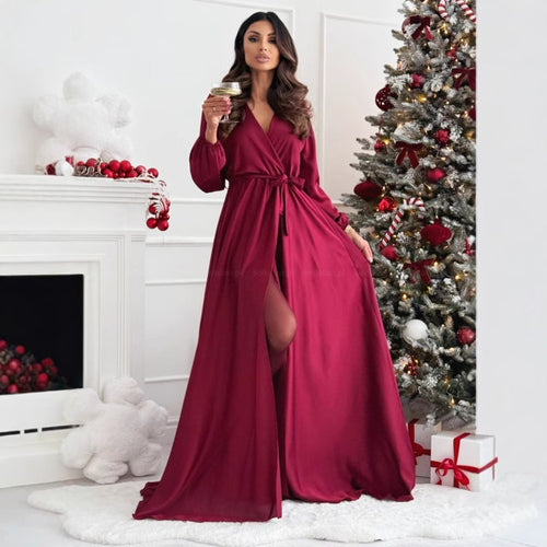 Damen elegantes Maxikleid mit schlanker Silhouette und tailliertem Gürtel Drune