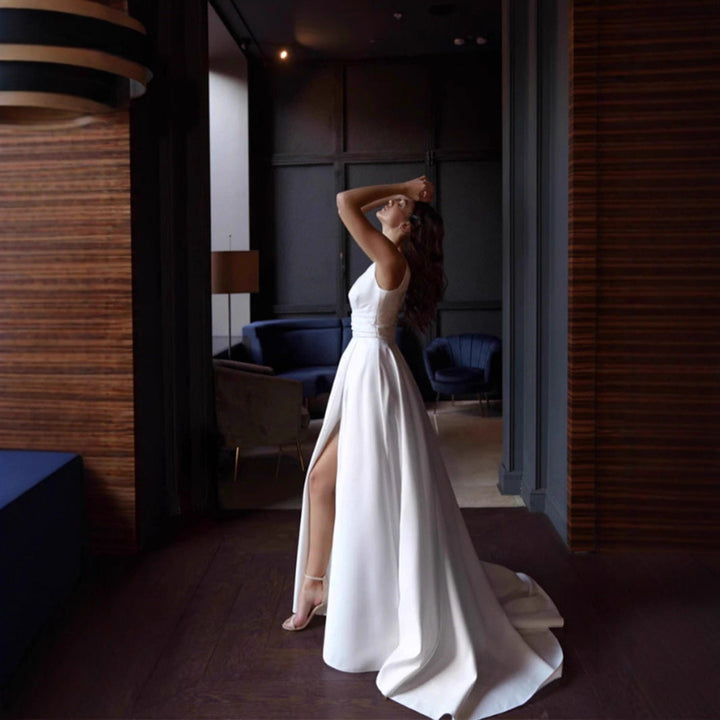 Damen elegantes Hochzeitskleid mit tiefem V-Ausschnitt und seitlichem Schlitz Drune