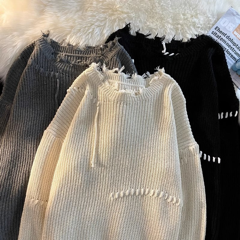 Herren lässiger Strickpullover mit fransigen Abschlüssen und asymmetrischem Design Drune