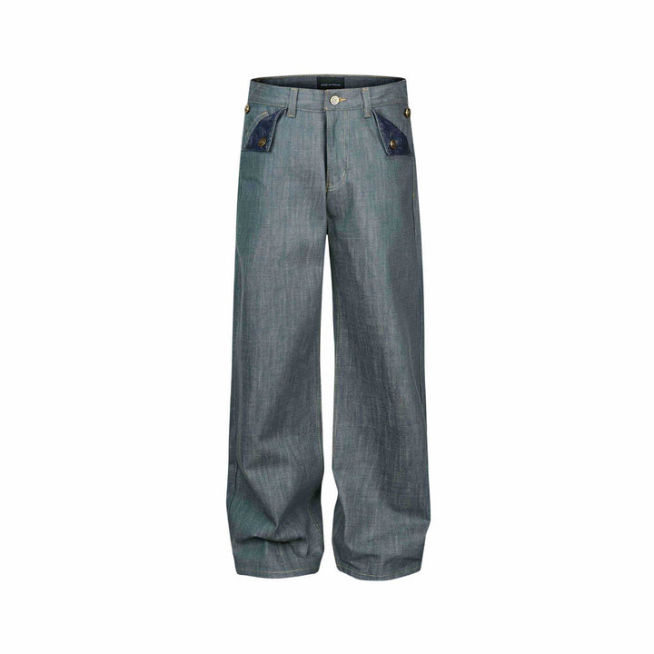 Damen Weite High‑Waist Jeanshose mit dekorativen Umschlagtaschen Drune
