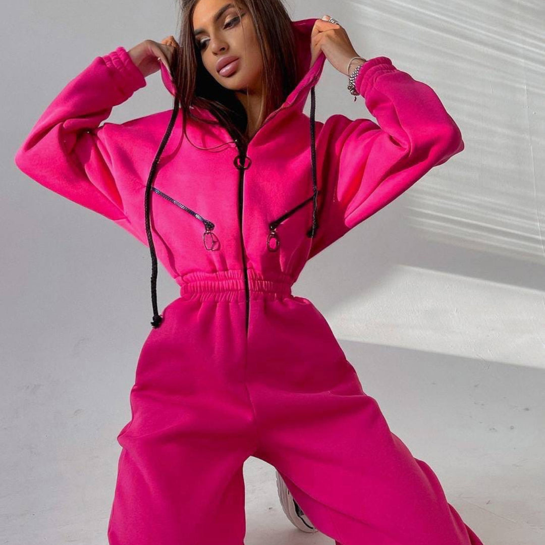 Damen taillierter Kapuzen-Jumpsuit mit elastischem Bund und markanten Kontrast-Reißverschlüssen Drune