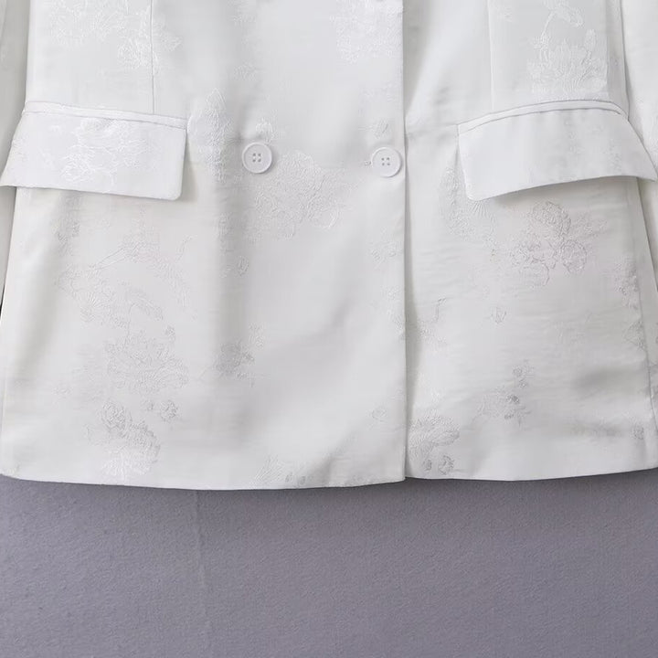 Damen Zweireihiger Satin-Blazer mit floralem Jacquardmuster und Pattentaschen Drune