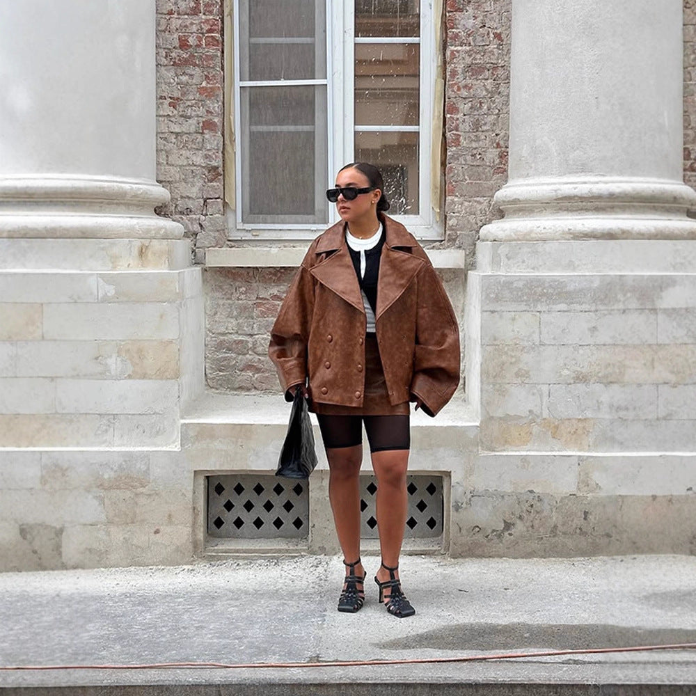 Damen Cropped-Boxy Lederimitat-Mantel mit übergroßem Revers und doppelreihiger Knopfleiste Drune