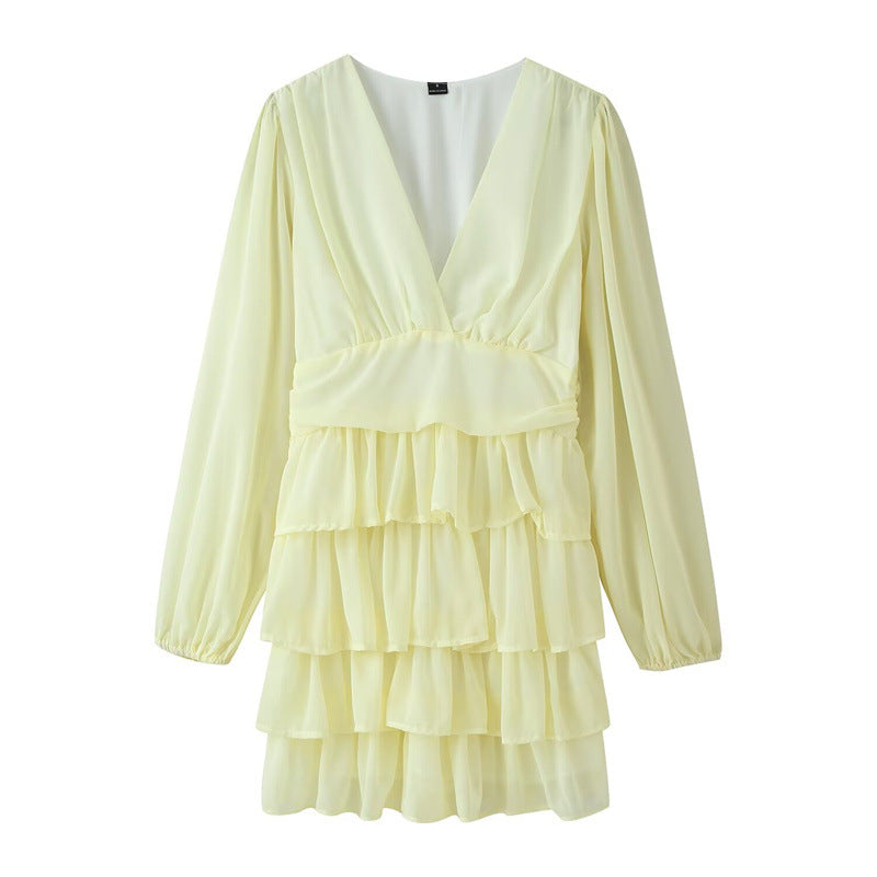 Damen Chiffon‑Minikleid mit V‑Ausschnitt, langen Ärmeln und mehrlagigen Volants Drune