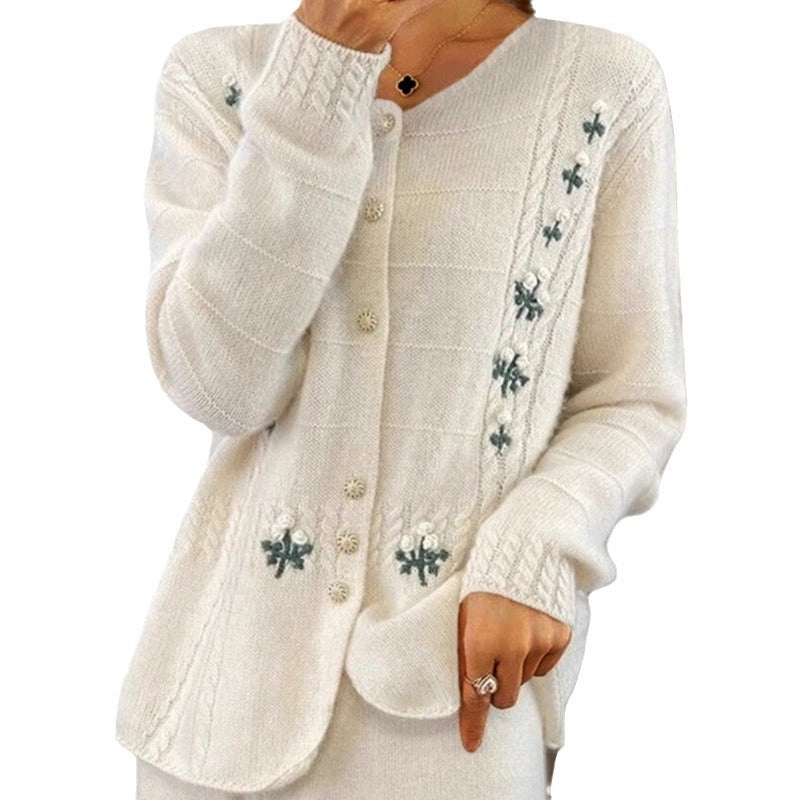 Damen nan Strickcardigan mit floraler Reliefstickerei und Zopfmuster Drune