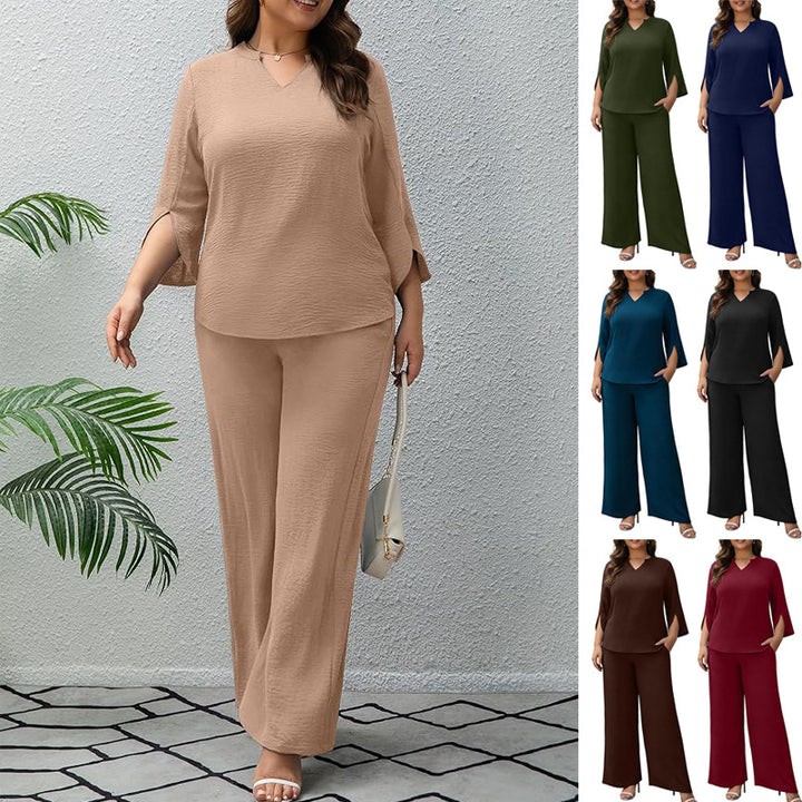 Damen Elegantes Zweiteiliges Palazzo-Set mit V‑Ausschnitt und geschlitzten 3/4‑Ärmeln Drune