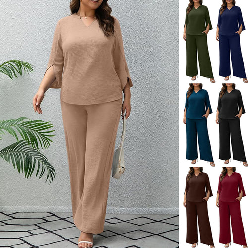 Damen Elegantes Zweiteiliges Palazzo-Set mit V‑Ausschnitt und geschlitzten 3/4‑Ärmeln Drune