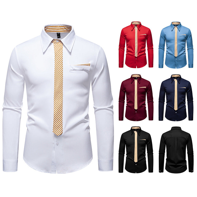 Herren Slim-Fit Businesshemd mit integrierter Krawatten-Optik und Brusttasche Drune