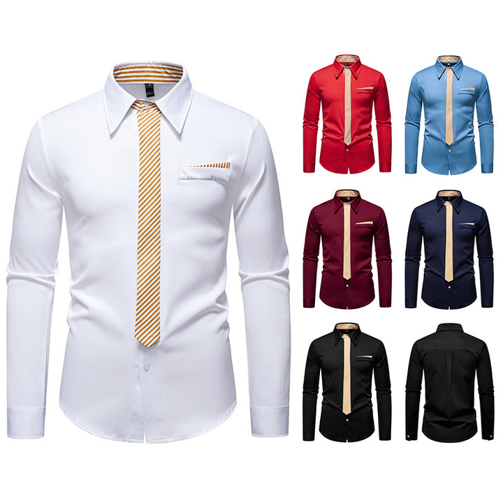 Herren Slim-Fit Businesshemd mit integrierter Krawatten-Optik und Brusttasche Drune