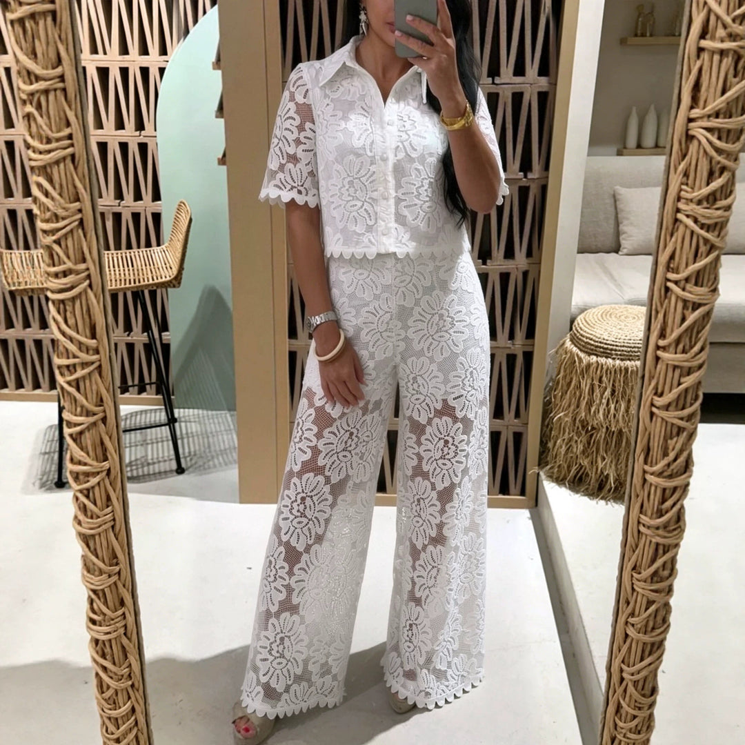 Damen nan elegante Spitzenkombination mit kurzärmeliger Hemdbluse, Muschelsaum und taillierter Palazzohose mit Bindegürtel Drune