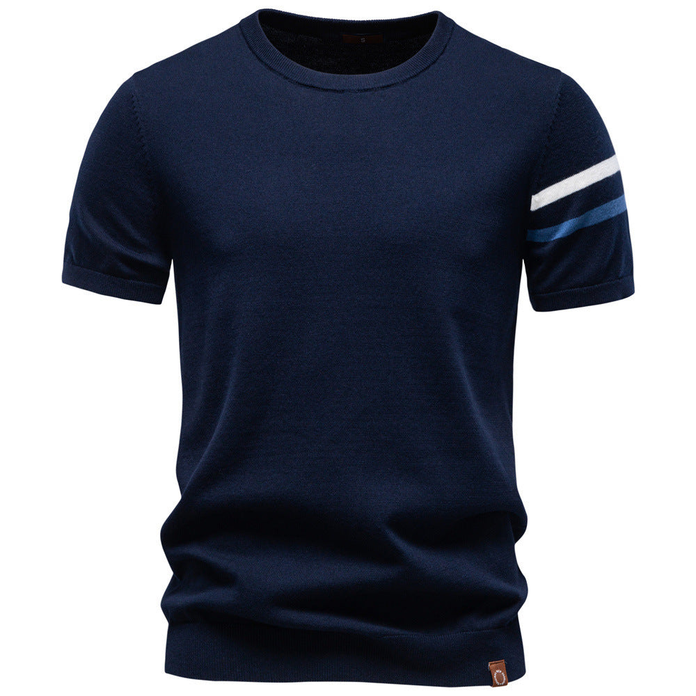 Herren nan feines Baumwollstrickshirt mit Rundhalsausschnitt kurzärmelig und kontrastierenden Ärmelstreifen Drune
