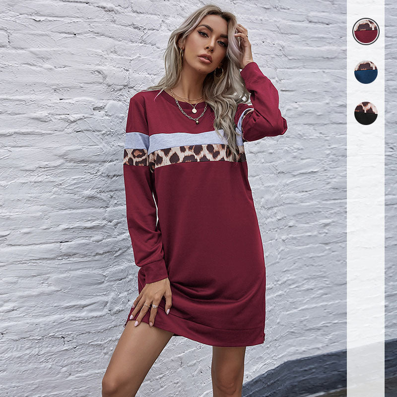 Damen lässiges Sweatshirtkleid mit Leopardenstreifen und kontrastierendem Brustband Drune