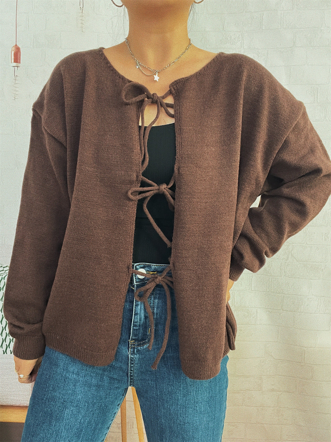 Damen lässiger Strickcardigan mit Kordelzug und offenen Vorderteilen Drune