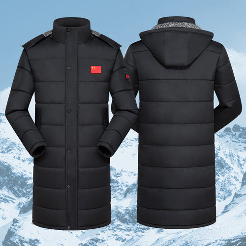 Herren langer gesteppter Thermo-Steppmantel mit Kapuze Schulterklappen und verdeckter Druckknopfleiste Drune