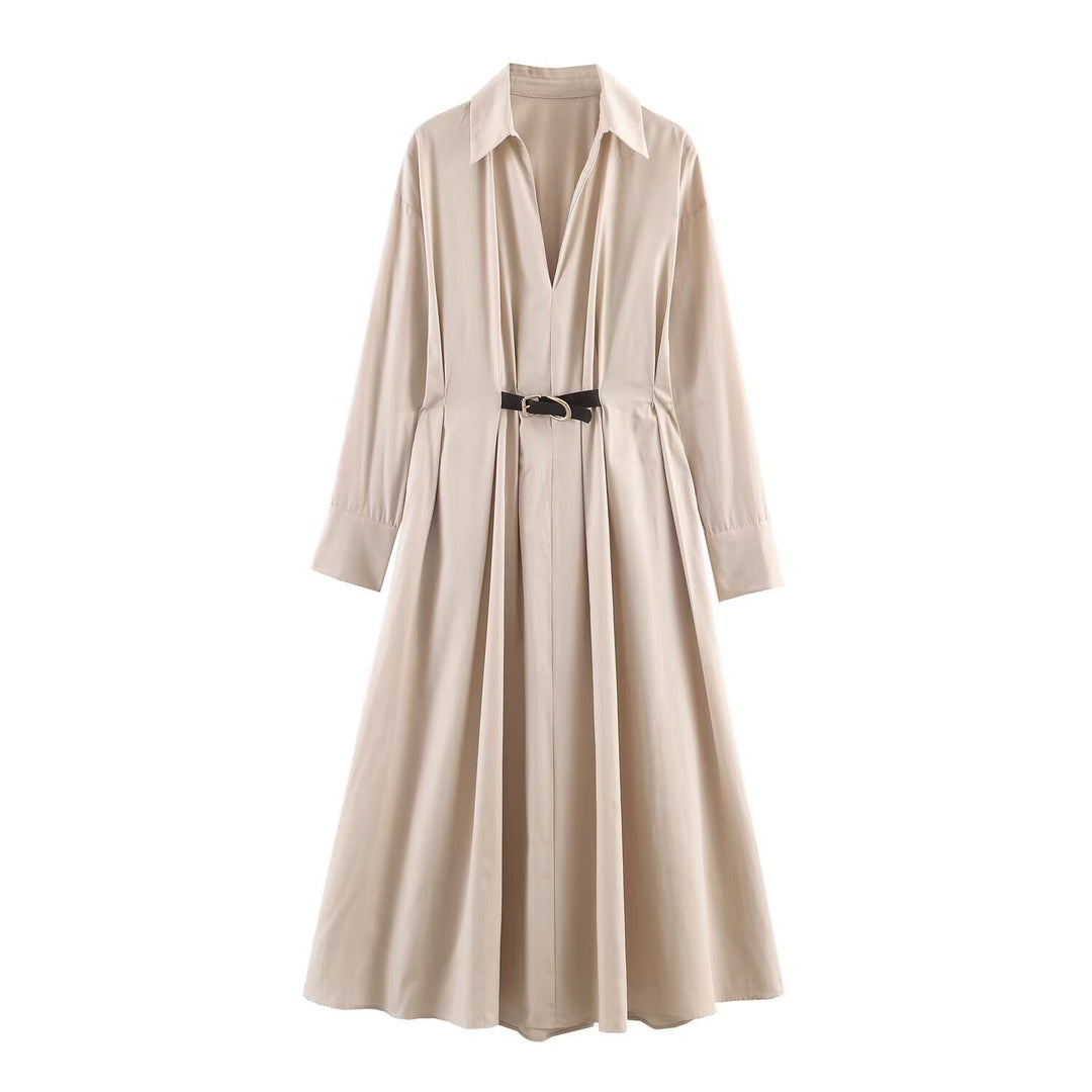 Damen Langärmeliges Hemdblusenkleid mit weitem Faltenrock und Taillengürtel Drune