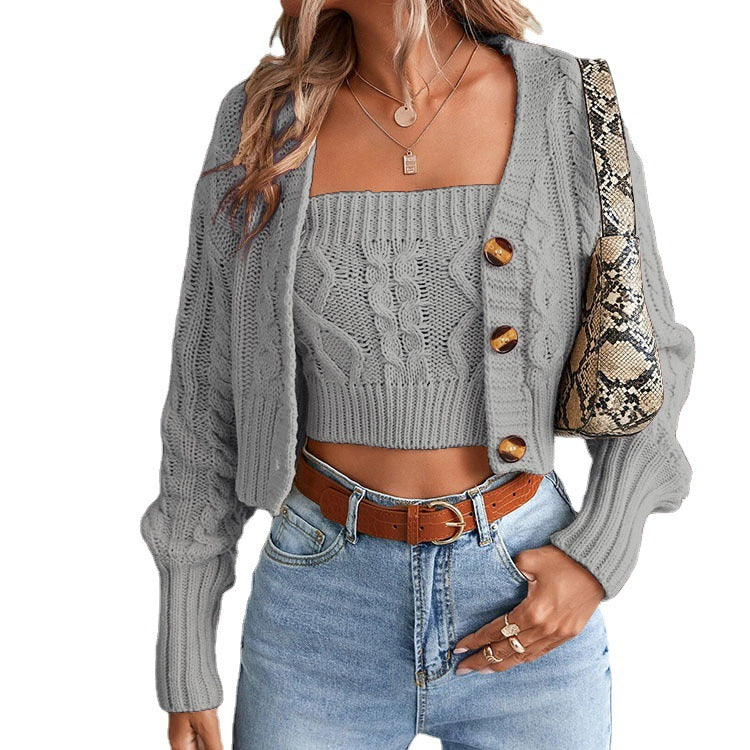 Damen lässiges Strick-Set mit offener Jacke und Crop-Top Drune