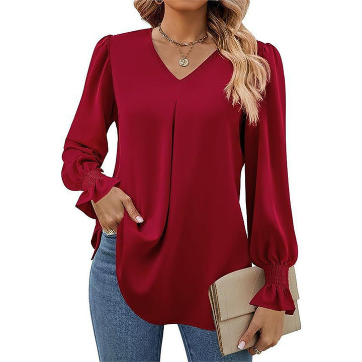 Damen fließende V-Ausschnitt Bluse mit eleganten Puffärmeln Drune